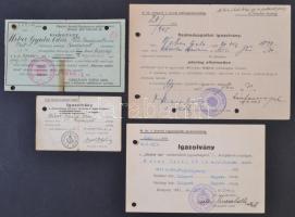 1930-1945 Katonai igazolványok és egy szabadságolási igazolás, pecsétekkel, aláírásokkal, 4 db, hajtásnyomokkal, az egyik szakadt.