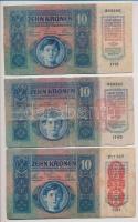 1915. 10K (3x) egy piros "MAGYARORSZÁG" felülbélyegzéssel, egy piros "DEUTSCHÖSTERREI...