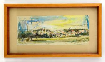 Olvashatatlan jelzéssel: Kilátás a városra. Akvarell-szén, papír, üvegezett keretben, 17×45 cm