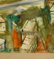 Olvashatatlan jelzéssel: Kikötő. Akvarell-szén, papír, üvegezett keretben, 29×43 cm