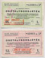 Budapest 1941. "46. Magyar Királyi Osztálysorsjáték - Első osztály" egy nyolcad "F" sorsjegy felülbélyegzésekkel + 1944. "53. Magyar Királyi Osztálysorsjáték - Első osztály" egy nyolcad "F" sorsjegy felülbélyegzéssel T:III szakadás