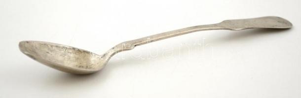 Antik ezüst (Ag.) kis kanál, jelzett, mesterjeggyel, sérült, h: 15 cm (2×), nettó:44 g