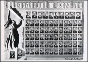 1950 Eger, a Közgazdasági Gimnázium tanári kara és végzett növendékei, kistabló 70 nevesített portréval, a Fotó-GRÁF műterem vintage üveglemez negatívjáról készített mai nagyítás, 18x25 cm