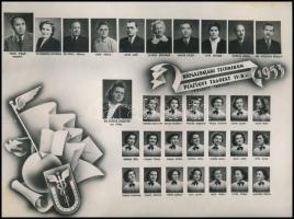 1953 Székesfehérvár, a Közgazdasági Technikum tanárai és végzett növendékei, kistabló 50 nevesített portréval, 17x22 cm