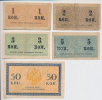 Orosz Birodalom 1915. 1k + 2k + 3k + 5k + 50k T:III,III-
Russian Empire 1915. 1 Kopek + 2 Kopeks + ...
