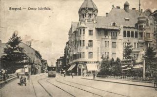 Szeged, Corso Kávéház, villamos, képeslapfüzetből (ázott / wet damage)