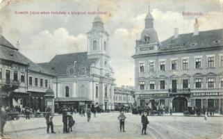 Kolozsvár, Cluj; Kossuth Lajos utca, Központi szálloda, Pap Ernő, Medgyesy és Nyegrutz, Biasini Sándor üzletei, gyógyszertár, Lepage Lajos kiadása / street, hotel, shops, pharmacy (EK)