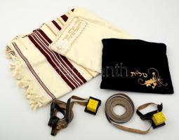Tálit, bájtli, tiflin, Imasál, imaszíj és bársony tartó. Modern, kézi hímzésű, szép állapotban / Jewish religious instruments