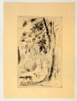Láng Rudolf (1904-1991): Őszi napsütés. Rézkarc, papír, jelzett, 29×18 cm