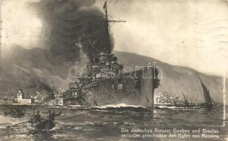 SMS Goeben and SMS Breslau Imperial German Navy cruiser ships leaving the port in Messina (EK)