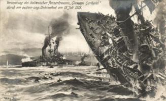 1915 'Versenkung des italienischen Panzerkreuzers 'Giuseppe Garibaldi' durch ein oesterr.-ung. Unterseeboot' / Az Olasz Királyi Haditengerészet 'Giuseppe Garibaldi' páncélos cirkáló elsüllyesztése K.u.K. tengeralattjáró által / Sinking of the Royal Italian Navy's armored cruiser ship by the submarine of the Austro-Hungarian Navy, K.u.K. Kriegsmarine s: Willy Stöwer