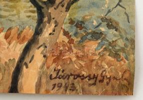Járossy Gyula (1886-1958): Folyópart 1943. Akvarell, papír, kis szakadással, 50×40 cm
