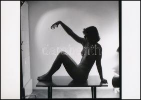 cca 1974 Kisasztalon megkomponált leányzó, 3 db szolidan erotikus fénykép, korabeli vintage negatívo...