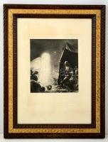 Antik díszes fa képkeret, nyomattal, enyhén kopott állapotban,  belső:41×31 cm, külső:52×39 cm