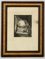 Antik díszes fa képkeret, nyomattal, enyhén kopott állapotban,  belső:41×31 cm, külső:52×39 cm