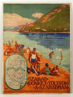 1929 Visegrád, Budapest környéke, Szabad időnket töltsük a szabadban Magyar Királyi Államvasutak nagyméretű litografált reklámplakát s: Andor L. jelzéssel. Klösz György és fia nyomdája. Kartonra kasírozva, A karton hátoldalán másik Államasút plakát körbevágott példánya. / Hungarian Railways advertising poster. Large lithographic poster. 60x85 cm