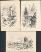 Vertel József (1922-1993): Budapesti látképek, 3 db kisgrafika, rézkarc, papír, hátoldalukon feliratozva, 9×15 cm