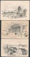 Vertel József, Gerstenbrein Ferenc, Füle Mihály: Budapesti látképek, 3 db kisgrafika, rézkarc, papír, hátoldalukon feliratozva, 9×15 cm