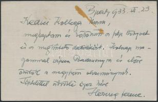 1933 Herczeg Ferenc (1863-1954) író aláírása és köszönő sorai
