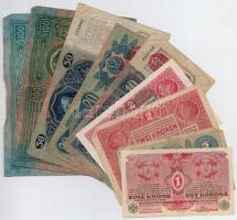1912-1917. 9db-os korona bankjegy tétel, 1-100K, közte 1912. 100K felülbélyegzés nélkül T:III-IV
