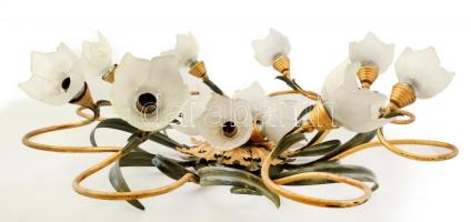 Dekoratív nyolc ágú csillár 12 db égővel és üveg burával, festett fém, apró hibákkal, d: 82 cm