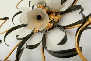 Dekoratív nyolc ágú csillár 12 db égővel és üveg burával, festett fém, apró hibákkal, d: 82 cm