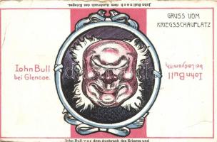 John Bull nach/vor dem Ausbruch des Krieges. Gruss vom Kriegsschauplatz / German anti-British humorous propaganda card (small tears)