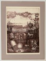 Kéri Imre (1945-): Este az ócskapiacon. Rézkarc, papír, jelzett, 40×29 cm