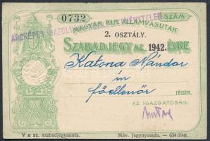 1942 Szabadjegy a Magyar Királyi Államvasutak összes vonalára, 10x7 cm