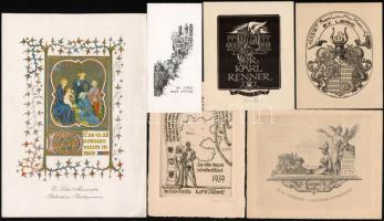 Ex libris tétel: Gise Hohenlohe (1856-1932) klisé ex libris, Toni Hofer (1903-1979) fametszet ex libris. Aláírt, Ottohans Beier (1892-1979) újévi rézmetszet, Aláírt. Ismeretlen szerzők kisgrafikái.  Vegyes méretben