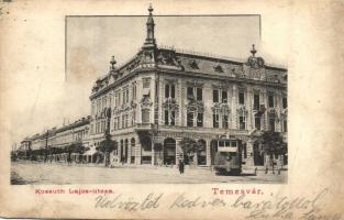 Temesvár, Timisoara; Kossuth Lajos utca, villamos, Takarékpénztár / street, tram, savings bank (EK)