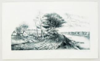 Nechánszky József (1936-): Szolnok környéki Tiszapart. Rézkarc, papír, jelzett, 25×48 cm