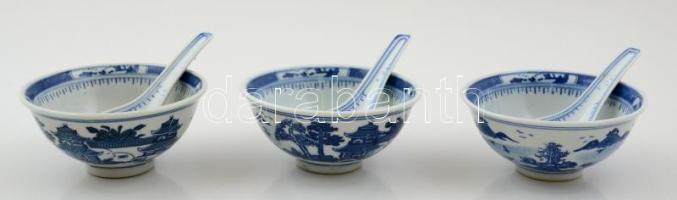 3 db kékfestéses kínai porcelán tálka + 3 db kanál, jelzettek, d: 11,5 cm, h: 12,5 cm