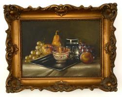 Olvashatatlan jelzéssel: Gyümölcsöző csendélet, olaj, vászon, díszes fa keretben, 24×34 cm