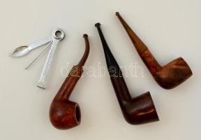 3 db jelzett fa pipa és fém pipaszurkáló, h:12-14 cm