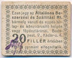 Budapest 1919-1925. 20f Általános Beszerzési és Szállítási Rt. hátlap üres, előlap aláírt T:I-,II fo. Adamo BUC-5.1.2