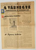 1938 A Vármegye Közigazgatási és Politikai Lap XXXIII. évfolyam 24. szám, címlapon Kölcsey Ferencről szóló cikkel