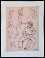 Sostarics Lajos (1896-1968): Favágás tanulmányrajzok, pasztell, papír, jelzett, kartonra ragasztva, ...