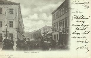 Brno, Brünn; Franz Josefstrasse / street view with depot shop