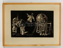 Gonda Zoltán (1943-): A nagy mutatvány. Linó, papír, jelzett, üvegezett keretben, 27×45 cm