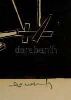 Gonda Zoltán (1943-): A nagy mutatvány. Linó, papír, jelzett,  üvegezett keretben, 27×45 cm