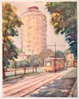 Sostarics Lajos (1896-1968): Hotel Budapest, akvarell, papír, jelzés nélkül, kartonra ragasztva, 23,5×18,5 cm