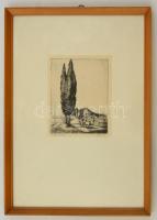 Bencze László (1907-1992) : Szekeres táj. Rézkarc, papír, jelzett, üvegezett keretben, 18×14 cm