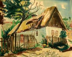 Várkonyi Ferenczy László (1906-?): Pilisszentlászló 1942. Akvarell, papír, jelzett, üvegezett keretben 39×50 cm