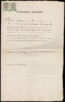 1873 Pesti evangélikus gimnázium által kiállított bizonyítvány, pecséttel, aláírásokkal, 2x25 kr okmánybélyeggel