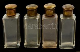 Antik bőr fiola tartó táska, 4 db réz kupakos dupla falú hibátlan fiolákkal ( 4db), egyik dugó szoru...