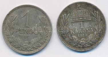 1912KB 1K Ag "Ferenc József" + 1939. 1P Ag T:2,2- patina