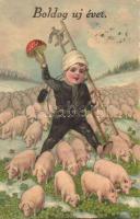 Boldog Új Évet! / New Year greeting card, chimney sweeper, pigs, mushroom, horseshoe, Erika Nr. 6057. litho (fa)