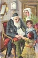 Zsidó család, rabbi, héber felirattal / Jewish family, rabbi, hebrew text, litho (EM)