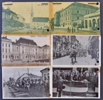 28 db RÉGI történelmi magyar városképes lap egyberagasztva, bevonulásos lapok "vissza" pec...